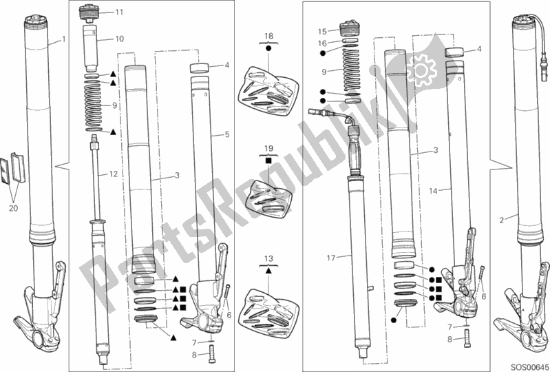 All parts for the Front Fork of the Ducati Multistrada 1260 S ABS Thailand 2019 All parts for the Front Fork of the Ducati Multistrada 1260 S ABS Thailand 2019